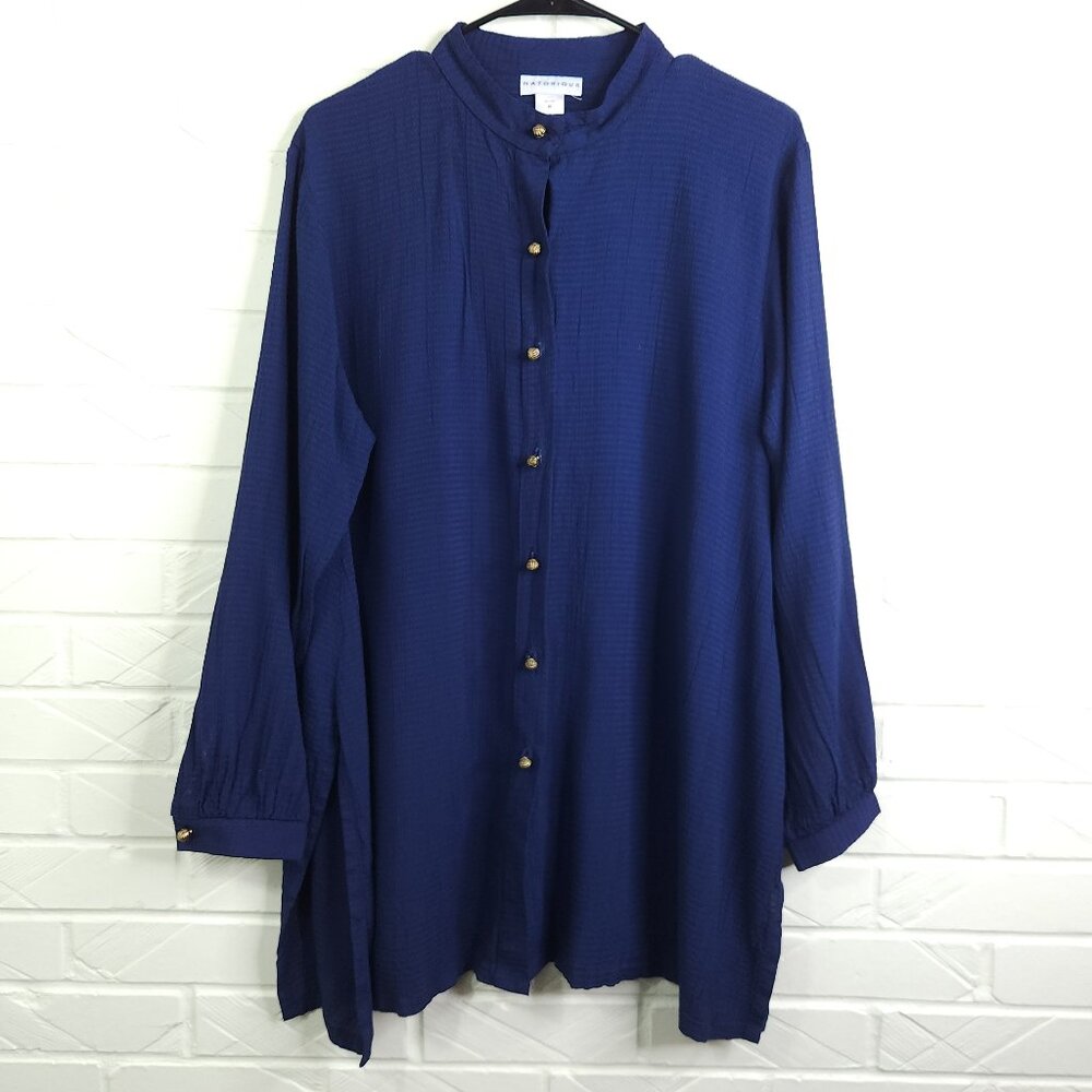 Natorious Navy Blue Textured Georgette Long Sleeve Tunic Mandarin Collar M